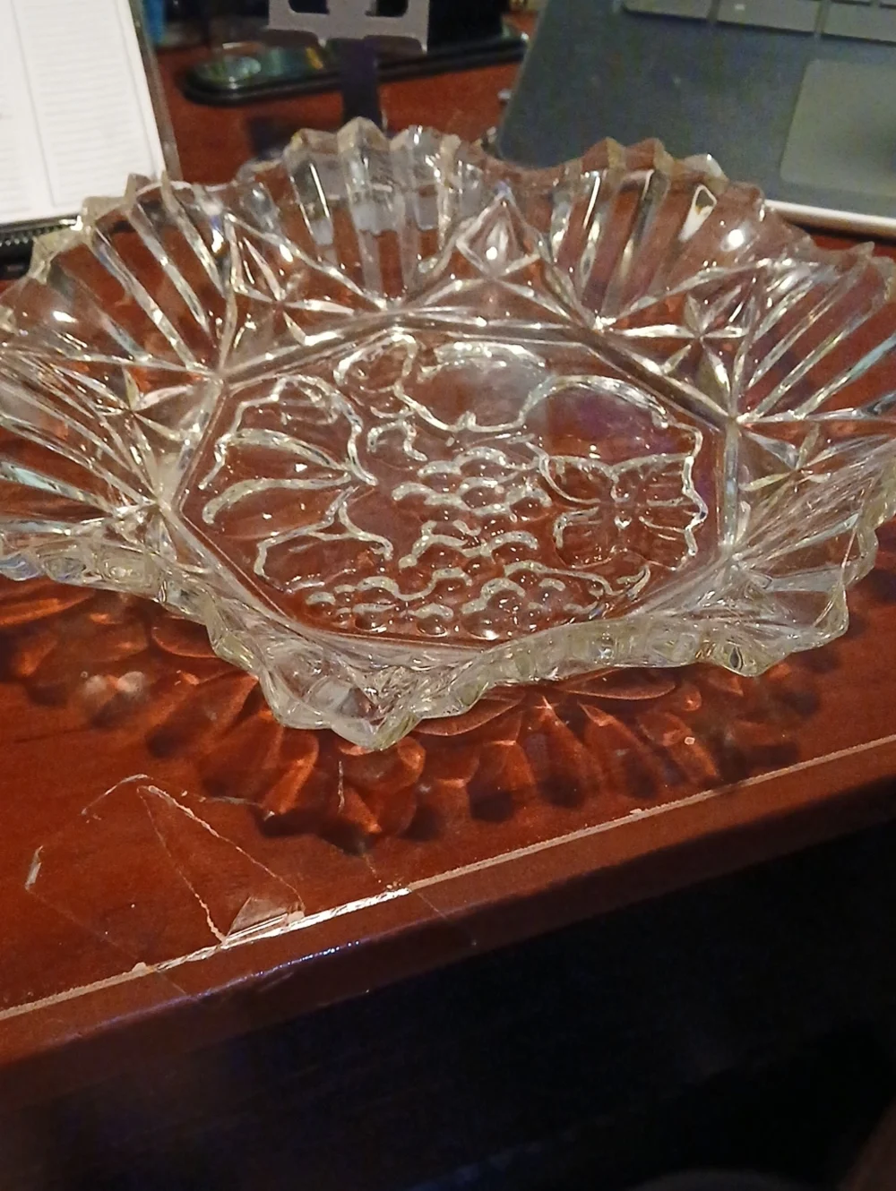 Cut Glass Fruit Pattern Serving Bowl - Clear Glass